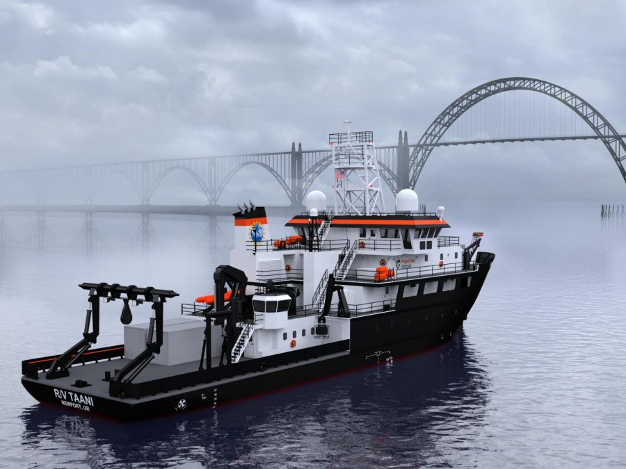 This image shows an artistic rendition of Oregon State University’s Regional Class Research Vessel “Taani,” which will improve data and science literacy through the use of reall-time data transfer and communication. Taani is expected to aunch in March 2022.