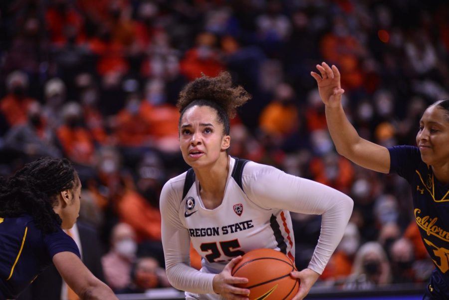 Senior guard, Tea Adams, drives through the defense to score two of her fives points. The Beavers won the game against Cal by a score of 68-59.