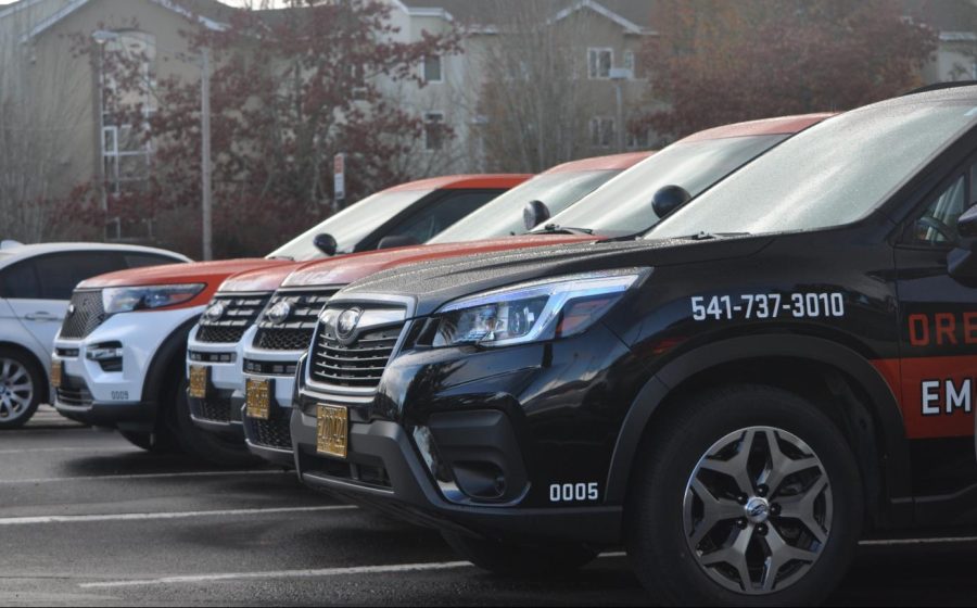 Oregon State University public safety department cars are lined up outside Kerr Administration in November of 2021. Anyone with information on the incident is urged to contact OSU DPS at 541-737-3010.
