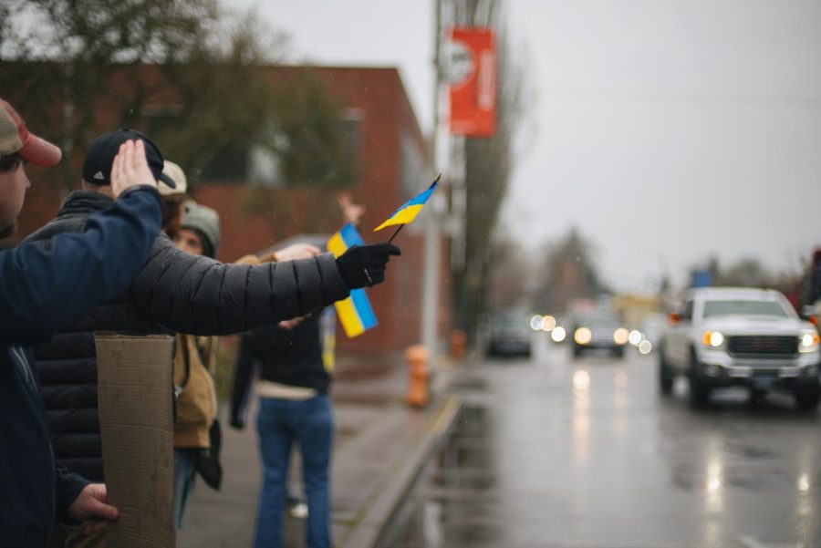 Protestors gather to show support for the people of Ukraine in front of the Benton County Courthouse in Corvallis, Ore on Feb. 26. Vasyl Chubar, a resident of one of Corvallis sister cities, Uzhhorod, Ukraine, provided another update on his experience on-the-ground during the Russian invasion. 