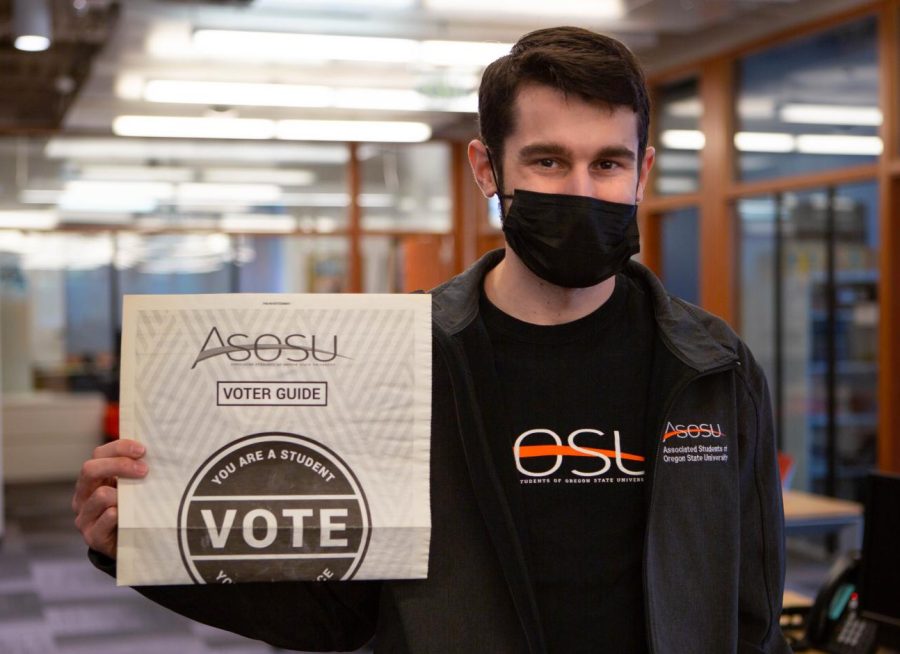 Dylan Perfect, the vice president for the Associated Students of Oregon State University and ex officio chief elections officer holds a voter’s guide in the ASOSU office located in the Student Experience Center. The voting for candidates of any position will be open to students on Feb. 14.