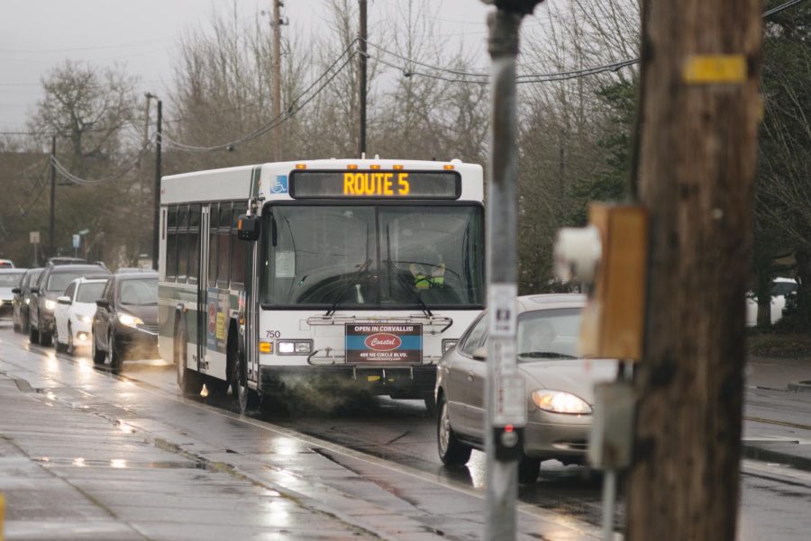 A Corvallis Transit System bus on route 5 in Corvallis, Ore. on Feb. 2. CTS Route 5 has two main stretches that run along Kings Boulevard and Monroe Avenue, servicing the northside of Oregon State University and the Monroe Avenue businesses.