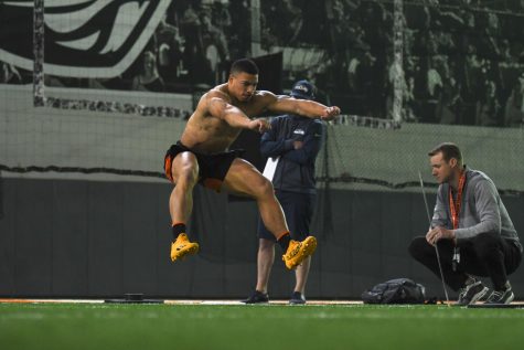 Linebacker Andrzej Hughes Murray is seen taking part in the Beavers NFL Pro Day events inside of the programs football facility on March 31, 2022. Hughes Murray was a captain of the Beavers football team during the 2021 season.