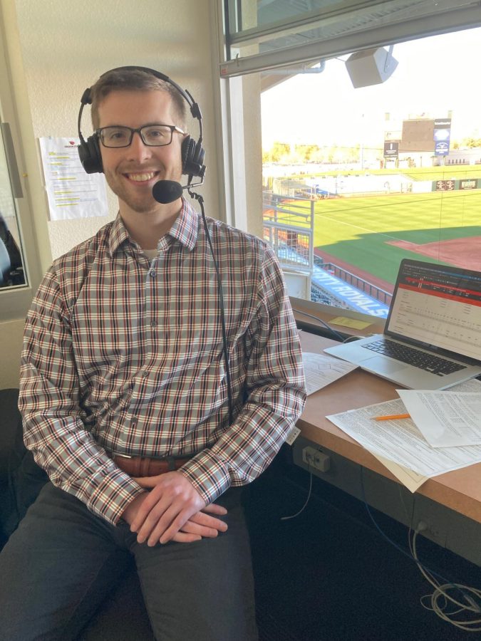 Former KBVR-FM play-by-play announcer and Barometer writer Josh Worden preparing to call the Oregon State baseball games in Surprise Stadium in Surprize, Ariz. on Feb. 18. While Worden was broadcasting the games, the Oregon State baseball team went 4-0, defeating the University of New Mexico Lobos and the Gonzaga University Bulldogs. 