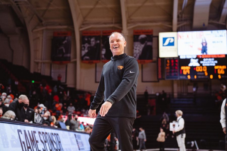 Head Oregon State women's basketball coach Scott Rueck smiling at the crowd at the Oregon State vs Colorado women's basketball game on Jan. 17, 2022. With the PAC-12 tournament starting today, Rueck is looking for a fresh start for his team. 
