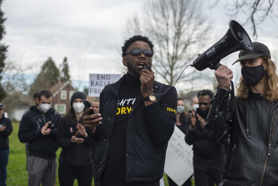 President of the Linn Benton NAACP Jason J. Dorsette speaks at a march against reports of racial profiling experienced by local Black women at the Corvallis, Ore. Fred Meyer on March 12. Dorsette said Fred Meyer has a responsibility to hit a hard reset.
