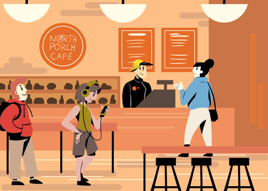 After closing due to the impacts of COVID-19 and University of Housing and Dining Services being short-staffed, North Porch Cafe in the Memorial Union is making a comeback for Spring 2022. This illustration depicts students waiting in line and ordering from the cafe. 