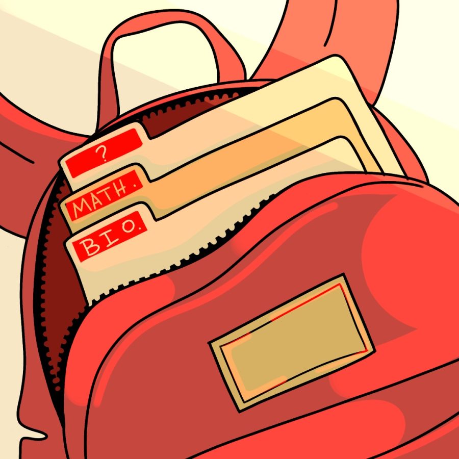 This illustration depicts a backpack with folders containing labels for common Bacc Core classes such as math and biology. Other previous Bacc Core classes like health may no longer be included in the Bacc Core requirements. 