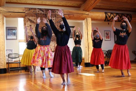Members from the Hui O Hawai’i club practice their dance routines on Feb. 12, 2022 in the Kaku-Ixt Mana Ina Haws as they prepared for the Hō‘ike event that took place on April 16, 2022. Practice was held on weekends in the Kaku-Ixt Mana Ina Haws for those who were participating in the event.