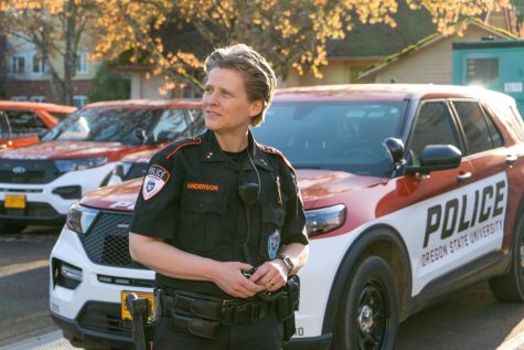 As of the day this photo was taken, Shanon Anderson, the chief of police and associate vice president for public safety, stands in font of a OSU police car outside the campus dipatch center on April 6. The Campus Dispatch Center on the OSU campus focuses strictly on the safety of the OSU community. 