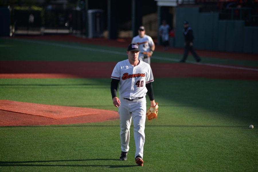 Sophomore pitcher Jaren Hunter walks back to the dugout after holding the University of Portland Pilots to merely three hits the whole game. The Beavers look ahead to a series against the University of Arizona Wildcats to play their last away series games of the season.