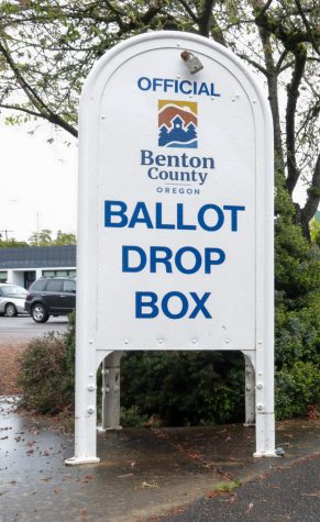 A ballot box in Corvallis, Ore. The Benton County primary election begins on May 17, and voters can drop off ballots at local county and city boxes.