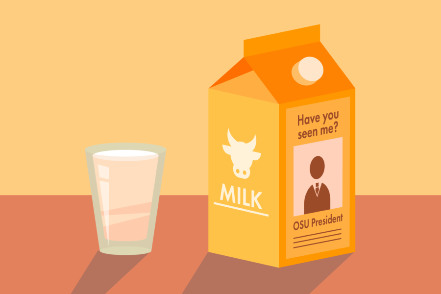 This illustration depicts a milk carton displaying a search ad for the new OSU president. The search for a new Oregon State University President is still in the process with recent updates.