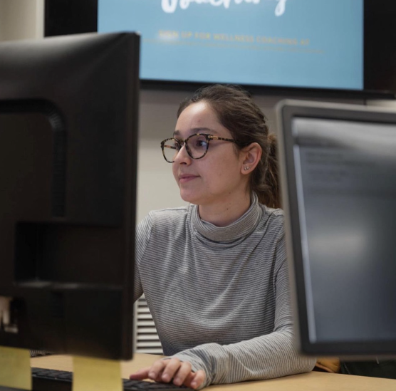 Samantha Giaimo, trained peer and Student Resource Staff member at the Wellness Nook associated with CAPS, working at the front desk in March of 2020. CAPS is currently experiencing high demand from students and refers students to resources if they are unable to get an appointment. 