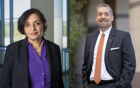 Oregon State University presidential candidates Jayathi Y. Murthy (left) and Charles R. Martinez. Murthy and Martinez are finalist candidates running for the position of OSUs next president, and the winner will be selected either on June 3 or June 7.