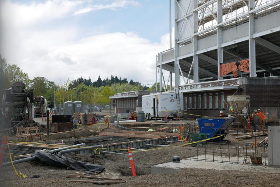 Construction is underway on the east side of Reser Stadium where the Student Health center will be relocated to the Oregon State University Wellness Clinic for future use. Parking is limited as trucks come on and off the construction site. 