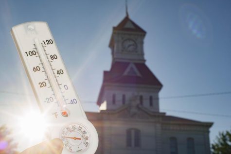 A photo illustration of a thermometer in front of the Benton County Courthouse on June 29 in
Corvallis, Ore. Despite the recent heavy precipitation thoughout this spring, experts maintain that
preparedness is essential for this upcoming wildfire season.