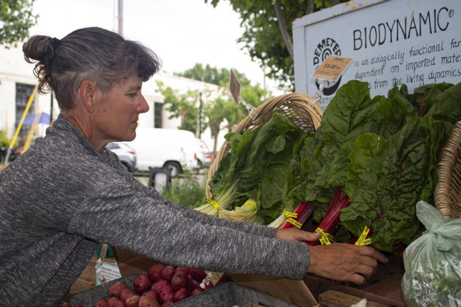 Farmer Beth Hoinacki of GoodFoot Farm takes stock and inventory of organic produce on July 16 at the Farmers’ Market in Corvallis, Ore. GoodFoot
Farm is certified in biodynamic and organic farming practices and is self-labeled as a diversified market farm.