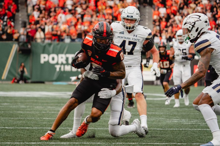Tre’Shaun Harrison runs after a catch during the Beaver football game against Montana State at Providence Park in Portland, Ore, on September 17, 2022. Harrison led the Beavers with 8 receptions for 133 yards.