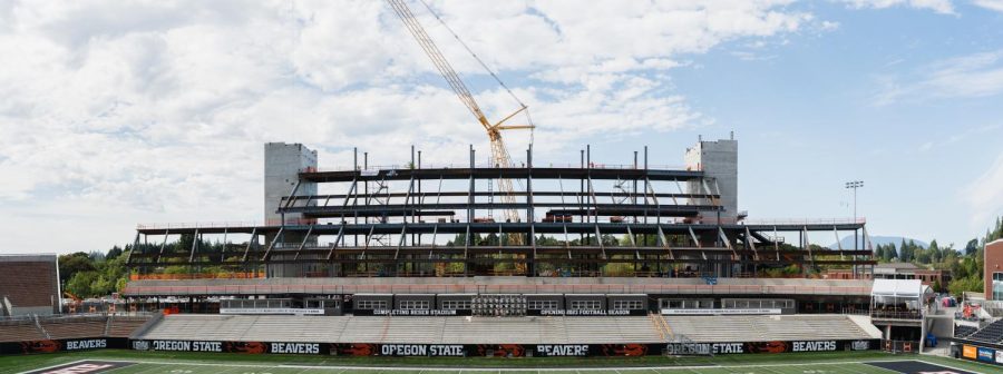 The main grandstands of the new west side of Reser Stadium during construction on Wednesday, September 7, 2022, in Corvallis Oregon. The projected capacity of the new west side is anticipated to be around 8,500 seats. 