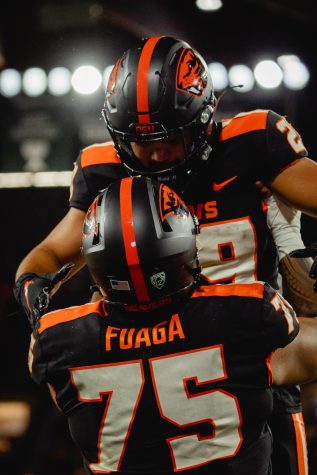 Taliese Fuaga and Kanoa Shannon celebrate Shannon’s touchdown during the Beaver football game against Montana State at Providence Park in Portland, Ore, on September 17, 2022. Five different Beavers rushed for touchdowns during the game.