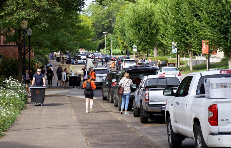 Cars line the streets around campus on Sept. 17th at OSU. Roughly 1,200 students moved in on Saturday, with 4,500 students estimated to move in over all four days.