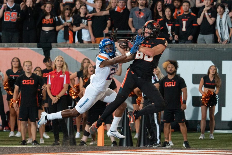 Junior tight end, Luke Musgrave, creates the separation necessary to bring in the 27 yard touchdown pass from quarterback Chance Nolan early in the first quarter. Musgrave ended the game with 89 yards off of six receptions, helping the Beavers to their 34-17 victory over Boise State inside of Reser Stadium.