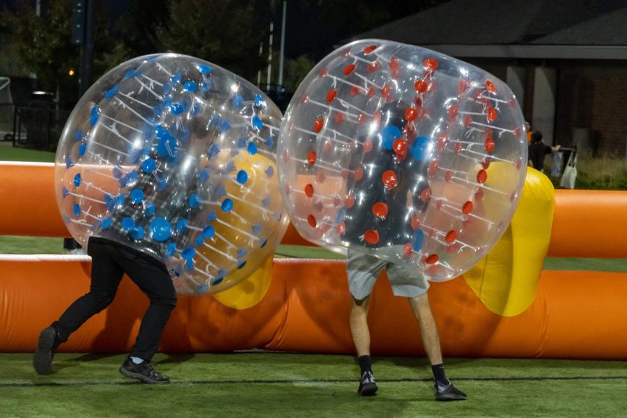 Oregon State University students play bubble soccer at the Great Bouncing Beaver Bash at Student Legacy Park on Friday, Sept. 23. The event took place as a way to get new students to interact and make new friends and celebrate the end of summer.