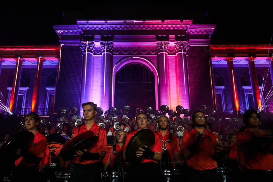 The OSU Marching Band prepared to play for the dinner guests at the ‘Believe It’ fundraiser event in the Memorial Union Quad on the night of Oct. 14. The show was a part of a kick off event for the capital fundraising campaign named, ‘Believe It: The Campaign for Oregon State University’.