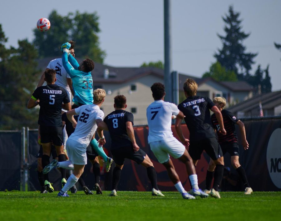 Oregon State University men’s soccer player Gael Gibert attempting to head the ball before Stanford’s goalkeeper Matt Frank can receive it on Oct. 9 at Paul Lorenz Field. OSU men’s soccer faced off against Stanford with a final score of 2-2.