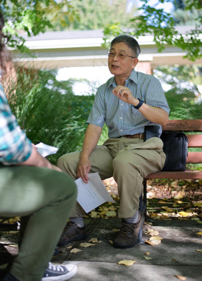 Chunhuei Chi explains the ethos behind OSU’s covid policy outside the Alumni center on Friday, September 24th 2022. This year OSU has record high enrollment numbers for new students and flu season is just about to begin.

