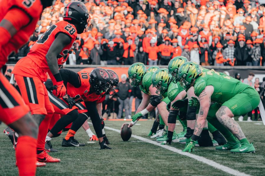 The Oregon State Beavers defense lines up against the University of Oregon Ducks offense during the annual rivalry game against the University of Oregon Ducks on Nov. 26. The Ducks have only won once in Corvallis since 2014.