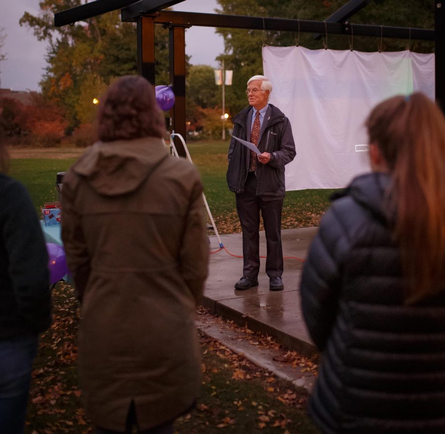 Current Corvallis mayor Biff Traber gives a speech at the CARDV vigil, Oct. 24. The vigil aimed to shed light on domestic violence and rape in addition to sharing ways to help. 