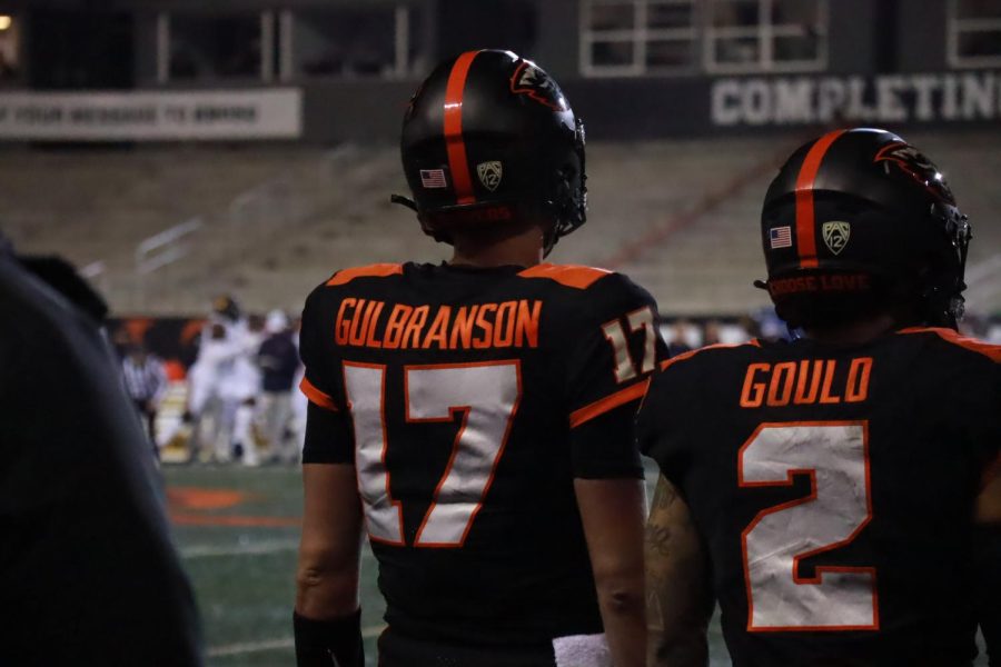 Freshman+quarterback+Ben+Gulbranson+looks+to+the+field+while+on+the+sideline+with+his+main+receiving+target%2C+Anthony+Gould%2C+during+a+game+against+the+California+Golden+Bears+on+Nov.+12.+Gulbranson+had+to+deal+with+Gould+being+out+today%2C+as+was+still+able+to+rack+up+188+yards+on+15-21+completions+for+one+touchdown.+