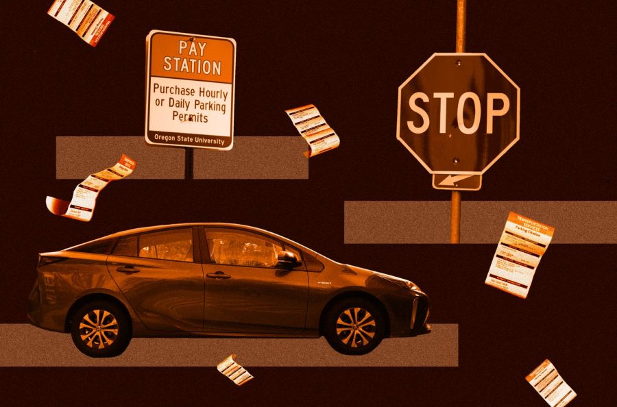 Photo illustration of a car, stop sign and OSU parking tickets falling.