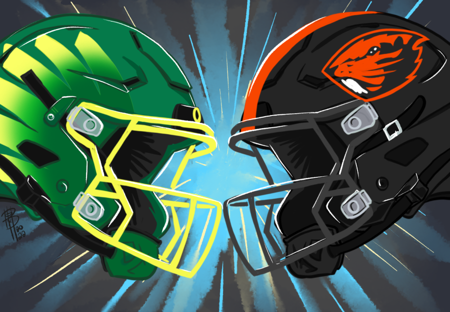 An illustration depicting an Oregon State University football helmet and University of Oregon football helmet facing off against one another. With the recent controversy of the games previous name.