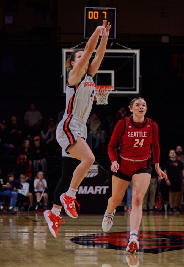 Oregon State University women’s basketball player AJ Marotte attempting to keep the ball away from Seattle University women’s basketball players Peyton Howard and Lisa Michaelsen on November 10, 2022, at Gill Coliseum. The final score of the game was OSU 89 and SU 53. 