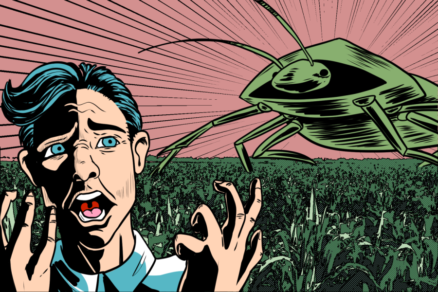 This dramatic illustration shows a giant stink bug attacking crop fields as an onlooker screams in terror.