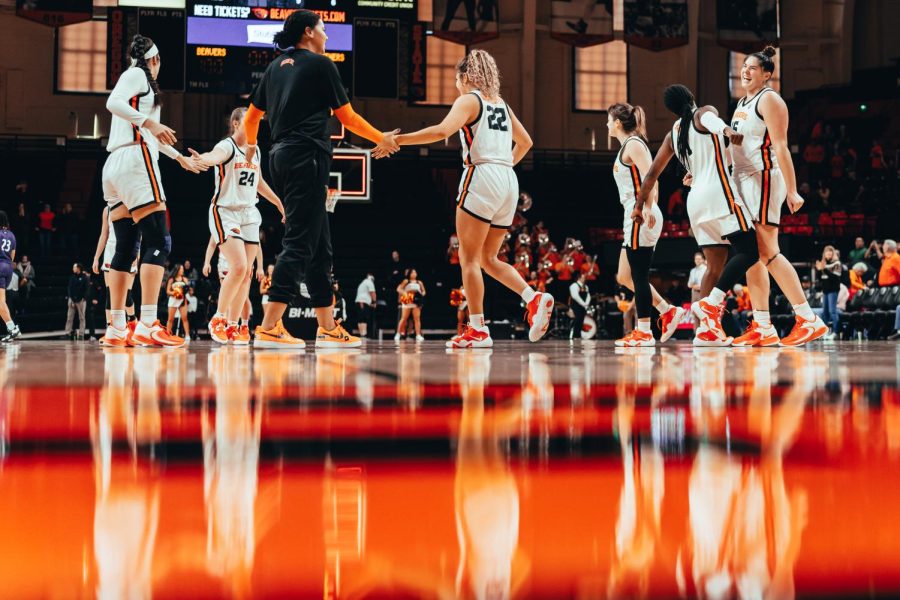 The+Oregon+State+Beavers+celebrate+after+a+100-59+win+against+Prairie+View+A%26M+University+on+Nov.+19+at+Gill+Coliseum.+The+Beavers+womens+team+is+now+6-0+at+home+in+Gill+Coliseum.