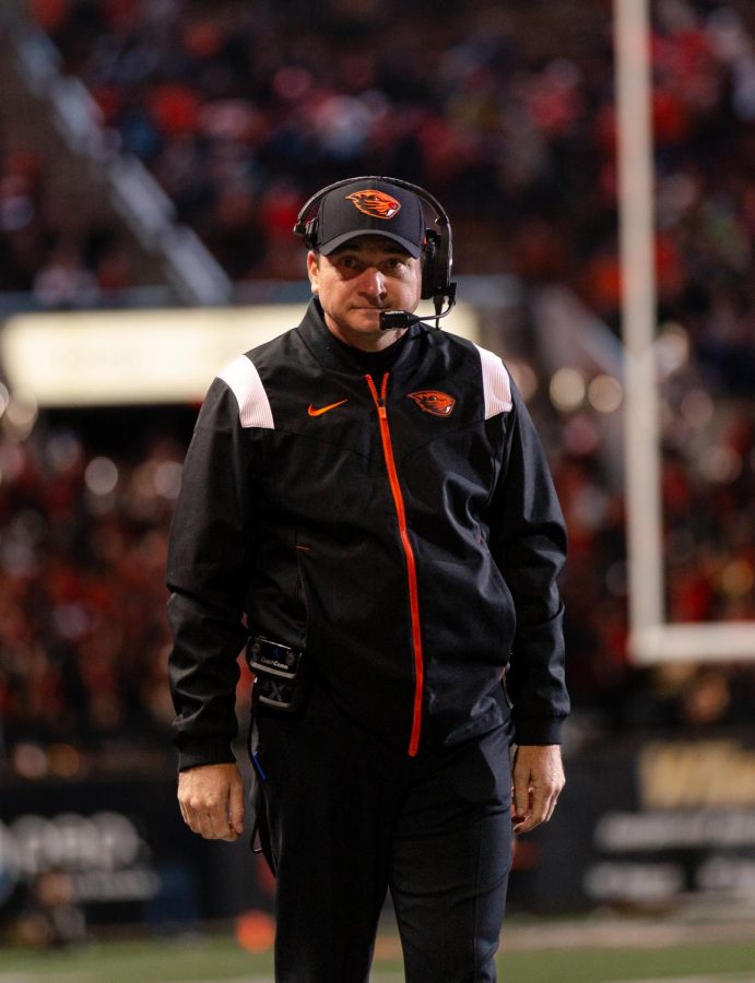 Oregon State University’s head coach Johnathan Smith views down the sideline in a game against Colorado University on Oct. 22. The Beavers have committed $30.6 million to Smith over the next six seasons.