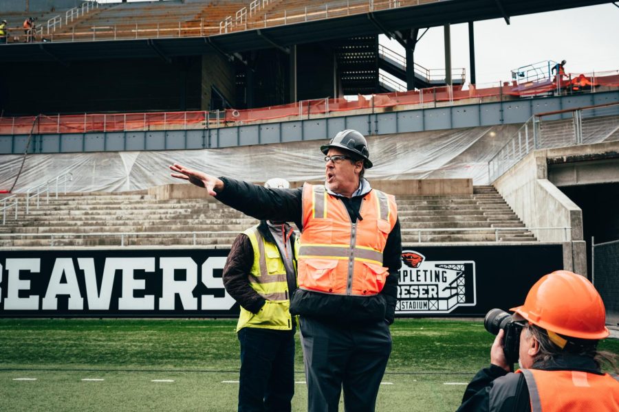 Oregon State University Vice President and Athletic Director Scott Barnes leads a tour of the construction of the new west side of Reser Stadium at Oregon State University in Corvallis, Ore, on Jan 17. Barnes has been Athletic Director of OSU since 2017.