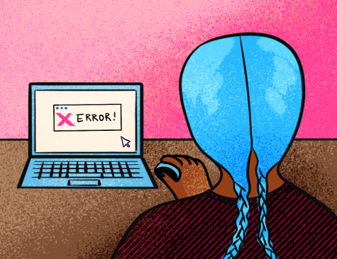 An illustration depicting a student having trouble accessing a website. Recently, librarians
suspended negotiations with Elsevier due to the inability for the two entities to reach an agreement.