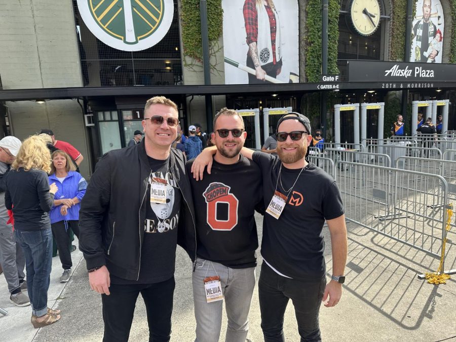 Belligerent Beavs founders and members, Benny Wehage (left), Terry Horstman, and JP Bertram (right), pose for a photo outside of Providence Park in Portland, Oregon. on Sept. 17 where they traveled to see the Beavers beat Montana State by a score of 68-28. The three Bebe’s enjoy attending the games in person in order to get a true experience to talk over on their podcast.