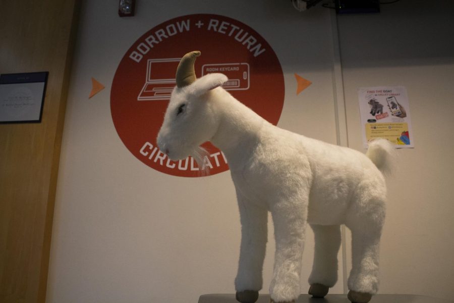 A plush goat photographed near the front of the entrance of Oregon State University’s Valley Library on Jan. 19th. Students are encouraged to hunt for a similar goat hidden elsewhere in the library in order to claim a button prize that changes every week.
