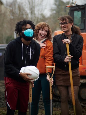 SOL staff member (left), Community Relations Representative at the Hattie Redmond Women and Gender Center Julia Rankin, and WGSS and ethnic studies student Dharma Mirza share a laugh at the Pride Center groundbreaking on Jan. 25 at the Pride Center construction site. The center is currently under construction and is scheduled to be done by Fall, 2023. 