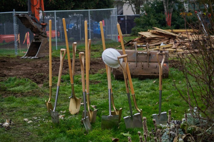 Shovels stick out of the ground at the latter half of the Pride Center groundbreaking event on Jan. 25 in Corvallis. The center is currently under construction and is scheduled to be done by Fall, 2023. The renovation will provide more space, an area dedicated to quiet activities, a larger kitchen and bookshelf, and a covered outdoor space.