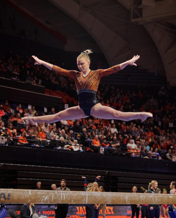 Jade Carey during her beam routine. Carey went on to score two 10.000s for the first time at home this season.