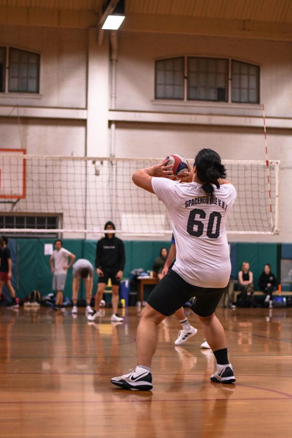 Sophomore outside hitter Cade Nakao gets ready to pass his teammate’s serve during a scrimmage drill on Jan. 24 inside of Langton Hall. The Mens Volleyball team hopes to take a step in the right direction towards inclusivity of a national sport.