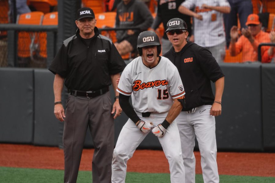In+an+archived+photo+from+last+year%2C+Kyle+Dernedde+celebrates+his+second+base+hit+of+the+day+in+the+Corvallis+Regional+championship+game+vs+Vanderbilt+on+June+6%2C+2022%2C+at+Goss+Stadium.+Dernedde+hit+his+second+home+run+of+the+season+in+Saturdays+mid-afternoon+matchup+against+Coppin+State.