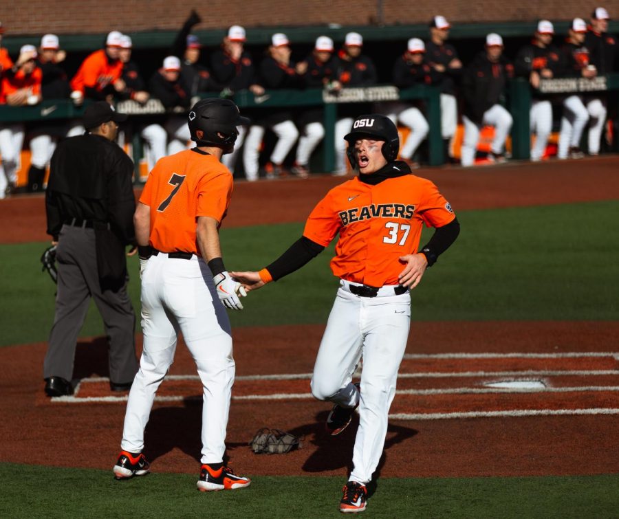 Sophomore infielder Travis Bazzana celebrates with infielder Mikey Kane after running in from third base in Goss Stadium on Sunday afternoon. Bazzana had two RBIs in the third game of the series against Coppin State.
